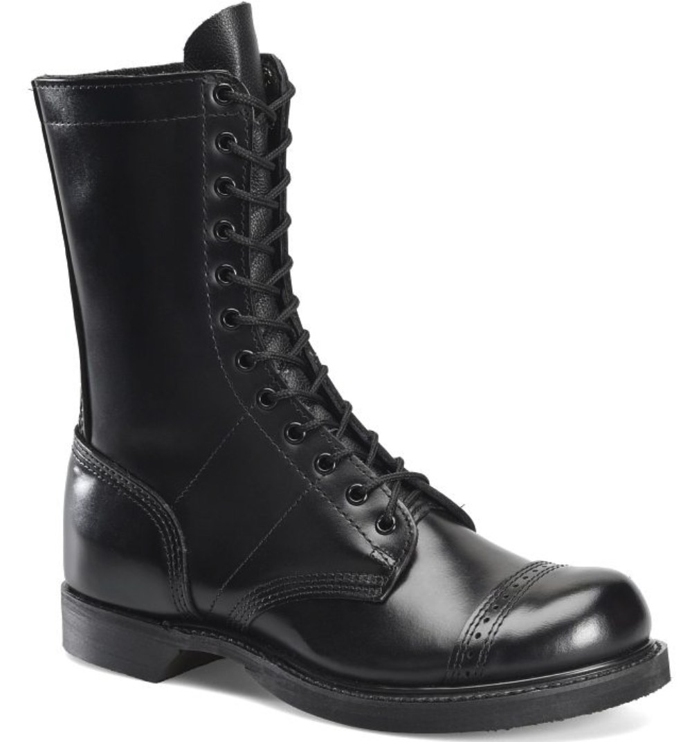 Corcoran tall black leather lace-up cap-toe jump boot on white background